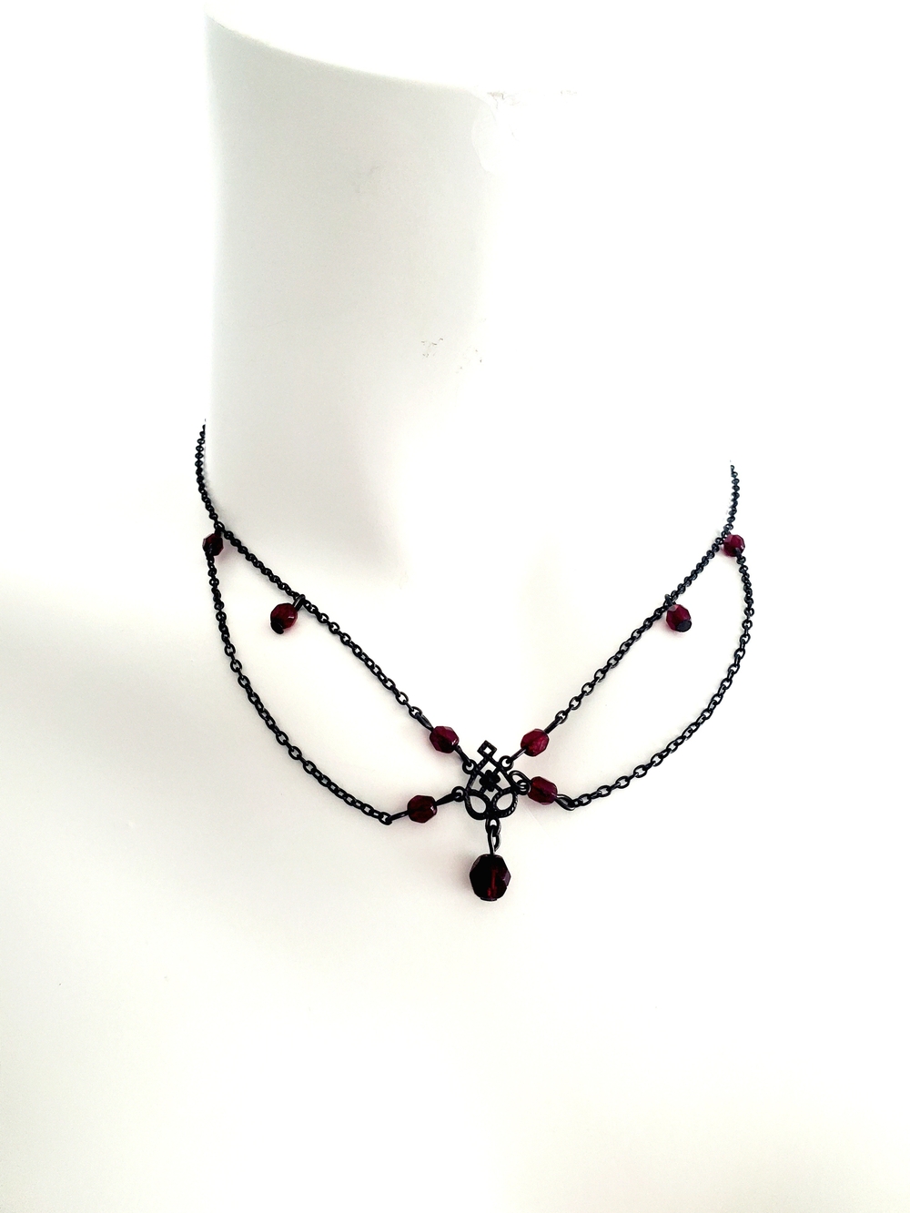 Vintage Victorian Gothic Black Chain Choker Necklace Red Beads